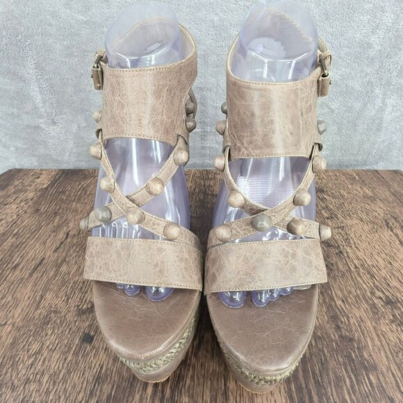 Balenciaga Arena Espadrille Wedges Sandals 10 Taupe Grey Studded Leather Raffia - Picture 5 of 16